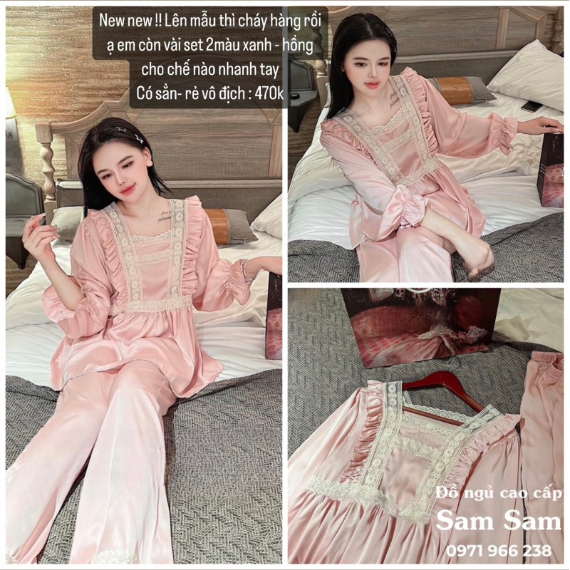 Đồ Bộ Mặc Nhà Pijama Nữ Cộc Dài Tay Cao Cấp - Đồ Ngủ Lụa Quảng Châu