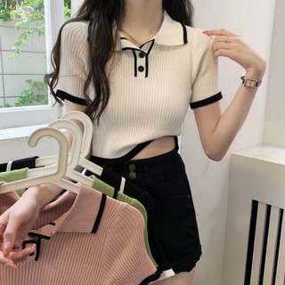 Áo len polo croptop cổ bẻ tay ngắn dáng ôm body AolenpolocroptopA11_P6K13