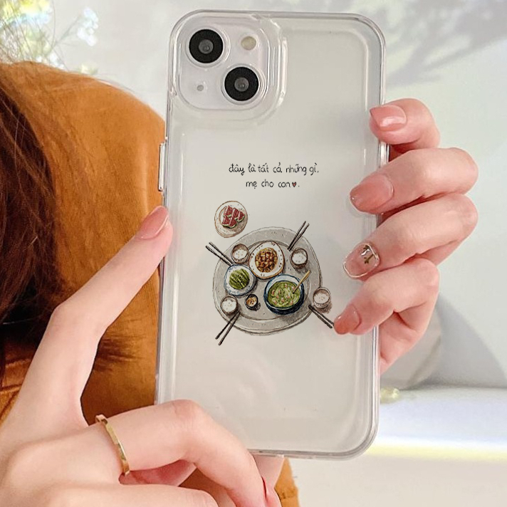 Ốp lưng iphone trong suốt siêu dày hình mâm cơm gia đình viền vuông nút bấm kim loại dành cho ip 6 đến 14promax - sd2575