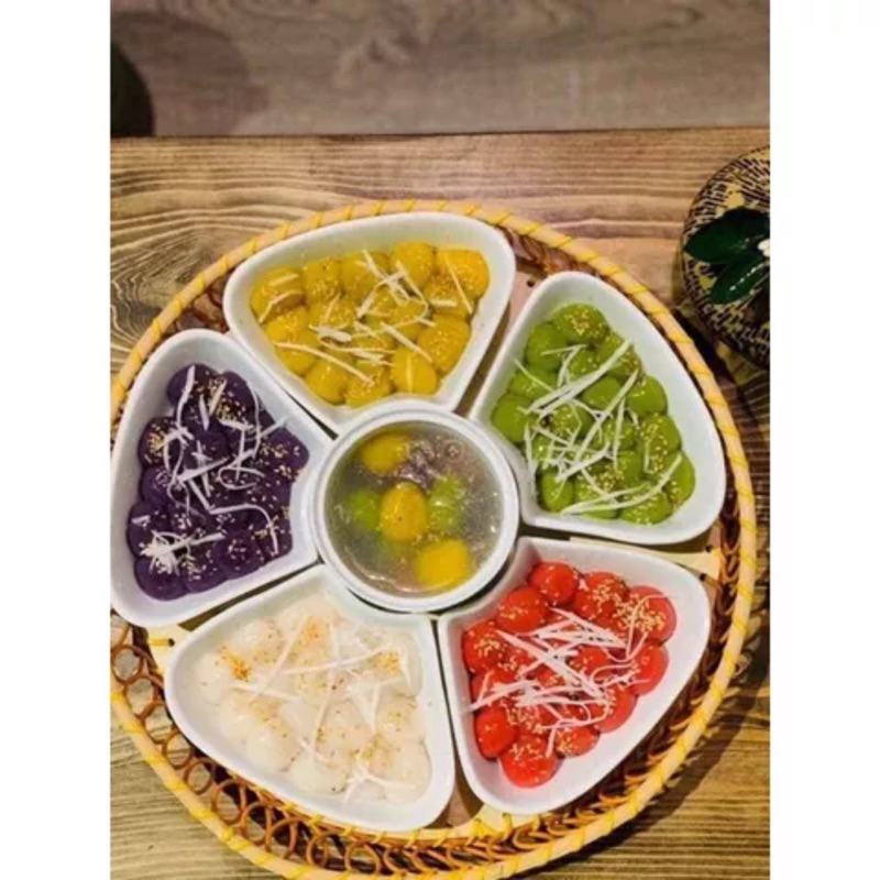 Bộ Đĩa 5 Cánh Hoa Đào Sứ Bát Tràng Kèm Khay Mây Siêu Đẹp,Bộ Bát Bánh Trôi