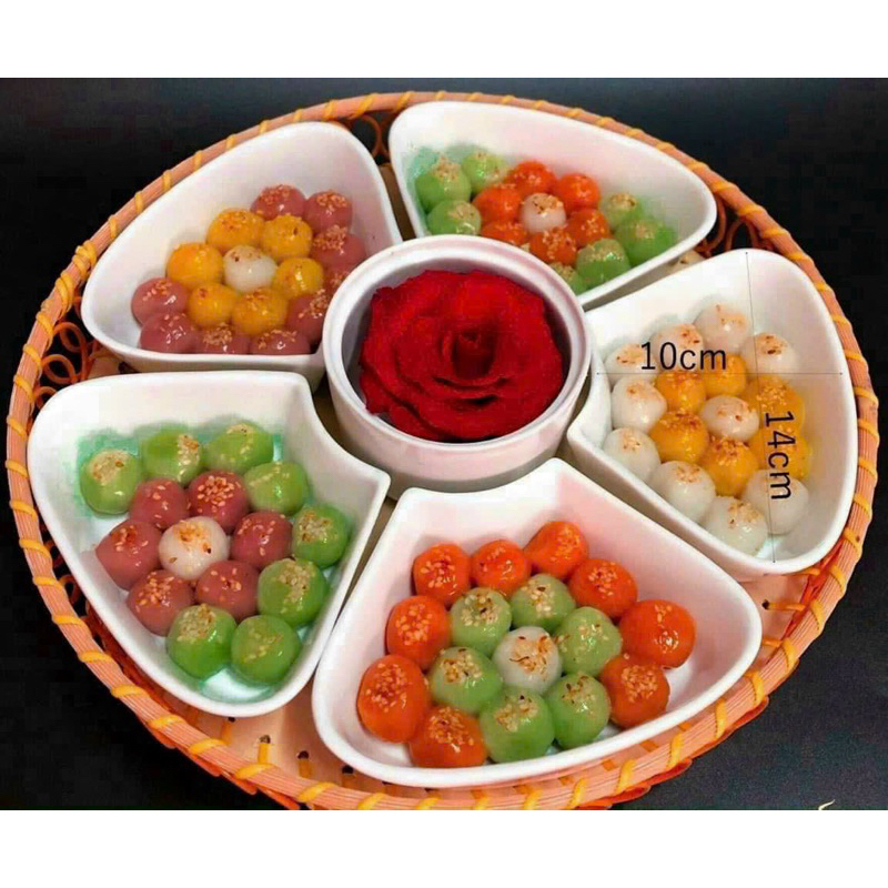 Bộ Đĩa 5 Cánh Hoa Đào Sứ Bát Tràng Kèm Khay Mây Siêu Đẹp,Bộ Bát Bánh Trôi