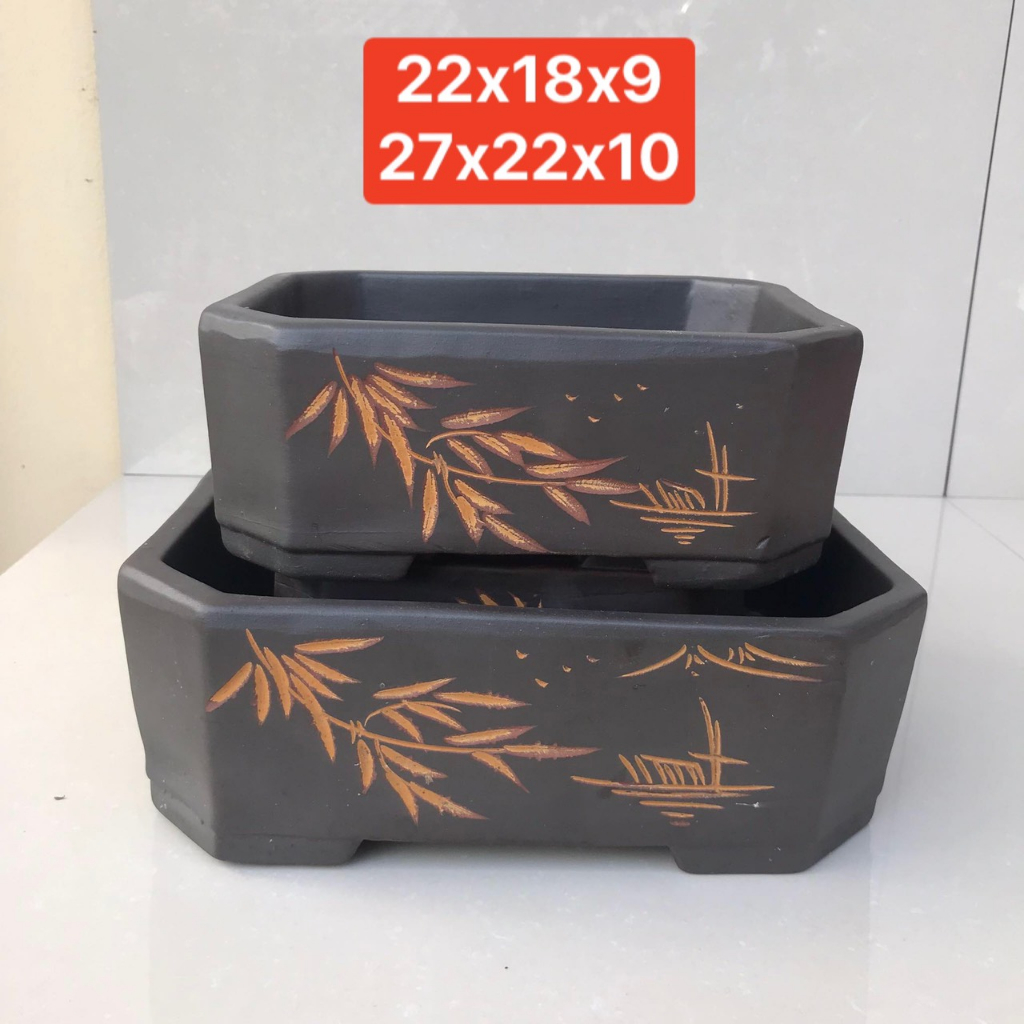 Chậu chữ nhật bộ 2 cái vát bonsai cây cảnh sen đá màu đen SP613
