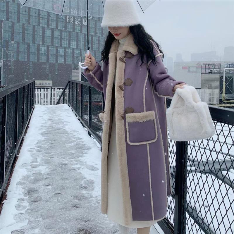 Áo khoác da lộn lót lông siêu ấm dáng dài màu nâu phong cách Hàn quốc