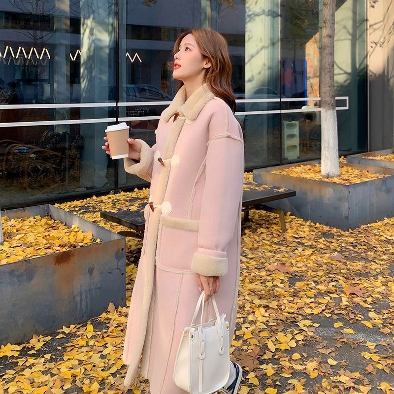 Áo khoác da lộn lót lông siêu ấm dáng dài màu nâu phong cách Hàn quốc