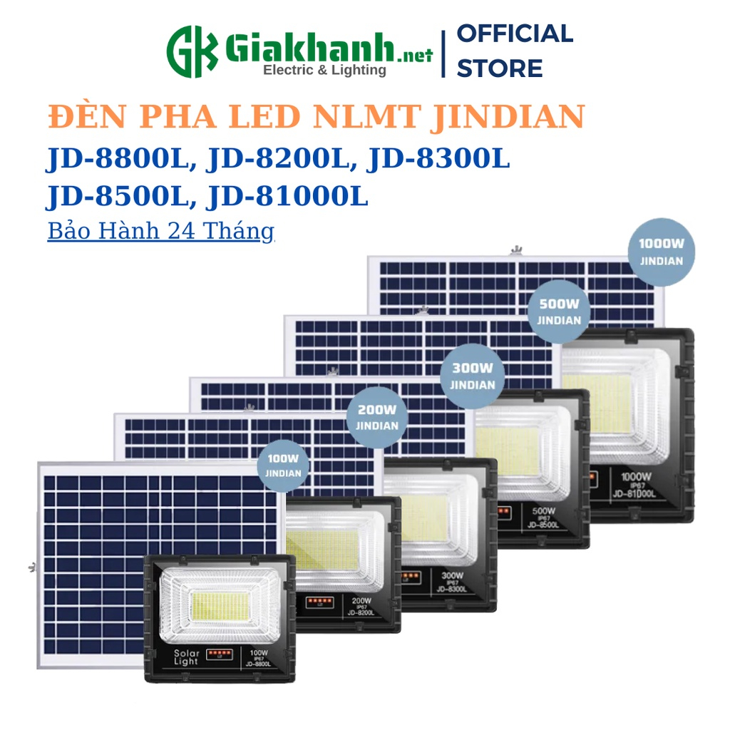 Đèn Pha Năng Lượng Mặt Trời Jindian JD-8800L 100W, JD-8200L 200W, JD-8300L 300W, JD-8500L 500W, JD-8