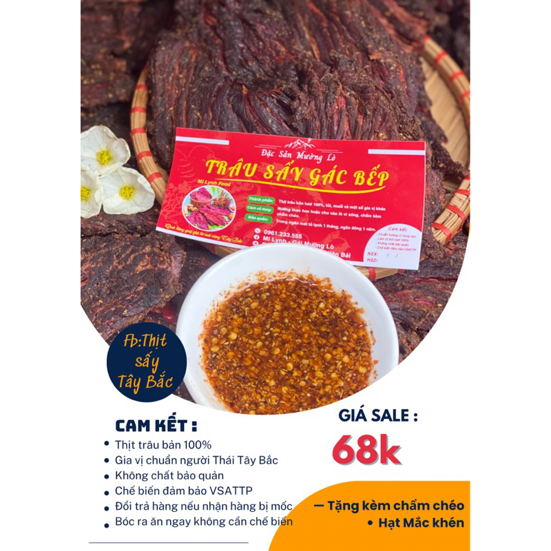 Thịt trâu gác bếp Tây Bắc Mường Lò ăn ngay ko cần chế biến Thơm mùi mắc khén 100% thịt tươi ,Thịt trâu sấy