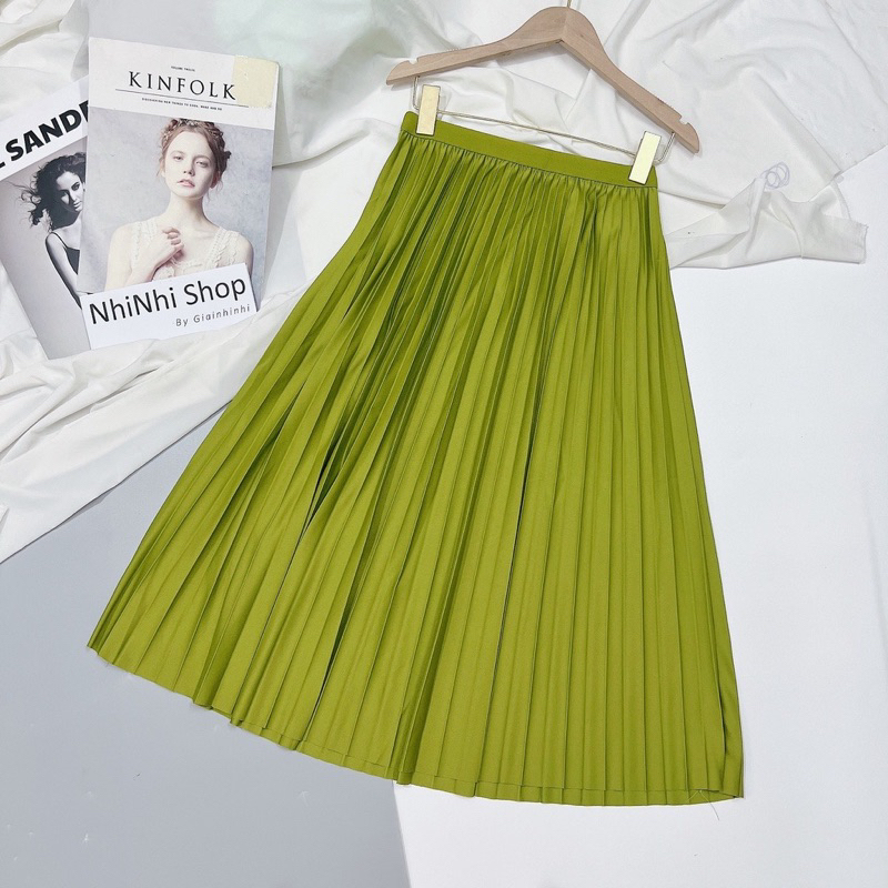Chân váy xếp ly dáng dài màu xanh bơ hàng Quảng Châu