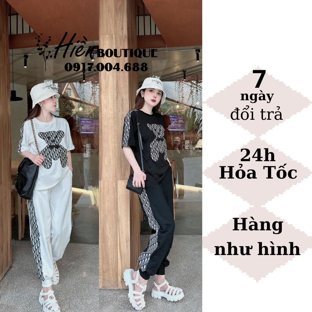 Set Thun Thể Thao Bigsize Nữ, Bộ Áo Thun Quần Dài Ulzzang Bo Thêu Hình Gấu Năng Động Trẻ Trung
