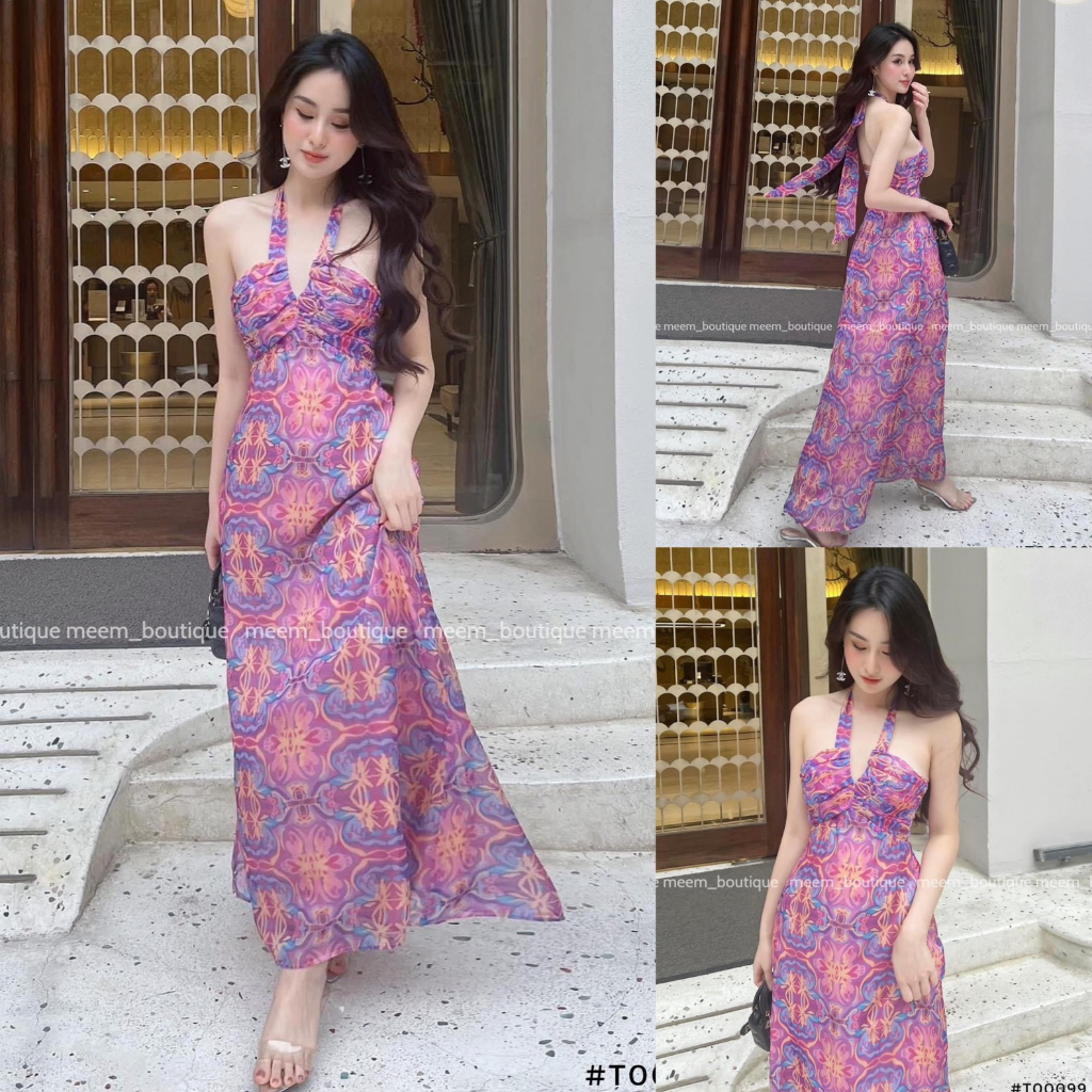 Đầm váy nữ maxi cổ yếm cúp ngực xòe với tone màu họa tiết nổi bật diện đi chơi, đi biển sáng da, siêu xinh