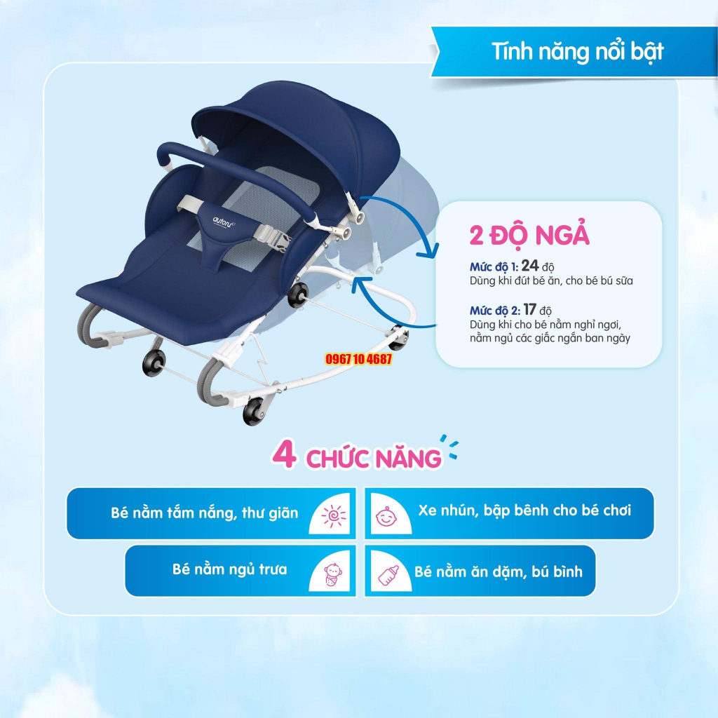 Ghế rung nhún Autoru F2 có bánh xe đẩy cho bé sơ sinh đến 18 tháng, bé ăn bột,ngủ trưa, tắm nắng có mui che chống muỗiF2