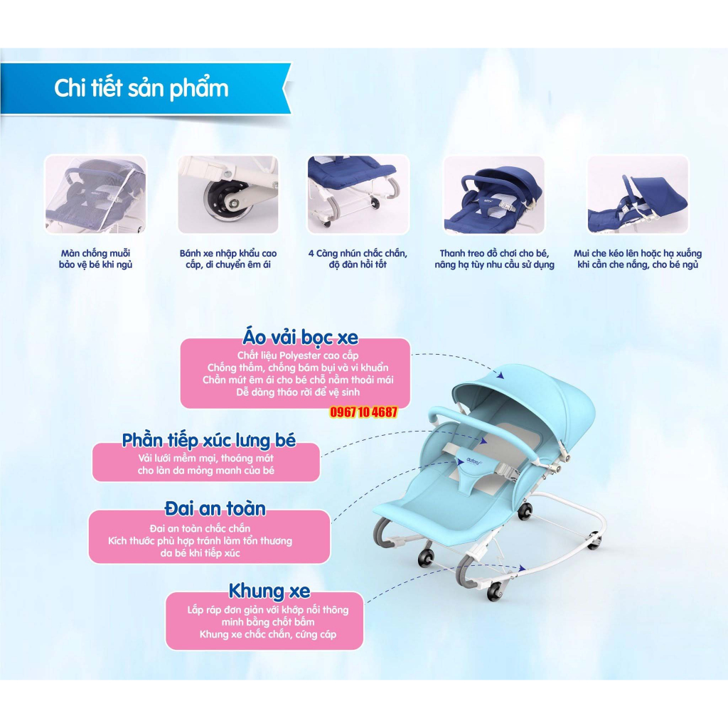 Ghế rung nhún Autoru F2 có bánh xe đẩy cho bé sơ sinh đến 18 tháng, bé ăn bột,ngủ trưa, tắm nắng có mui che chống muỗiF2