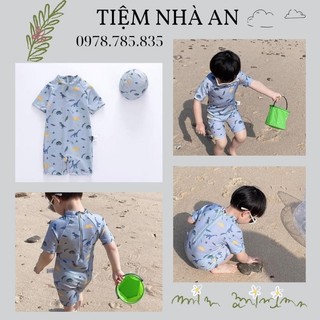 Đồ bơi bé trai , set đồ bơi liền thân 2 chi tiết khủng long nhỏ kèm mũ cho bé chất co giãn thoải mái - tiệm nhà An