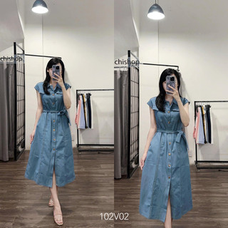Váy sơ mi denim tay hến màu xanh nhạt chất dày dặn - 102V02