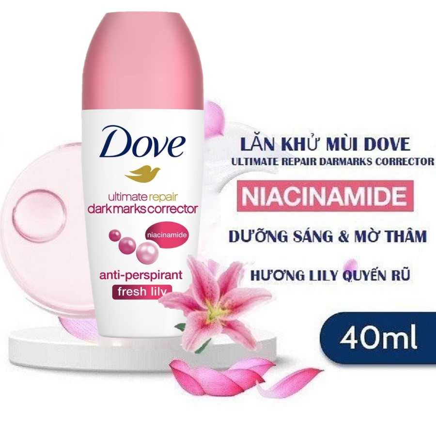 Lăn Khử Mùi Dove Ultimate Repair 40ml Chứa Niacinamide Sáng Da Mờ Thâm Hương Hoa Lyly Ngăn Mùi Suốt 48H