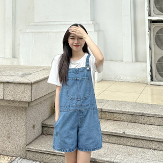 Quần yếm đùi jean bò nữ ngắn có dây chỉnh màu đậm phong cách Ulzzang