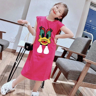 Váy cho bé gái dáng suông tay hến in hình vịt dễ thương từ 1 đến 8 tuổi vừa