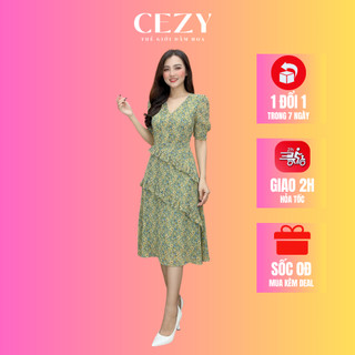 Đầm hoa bigsize CEZY thiết kế cao cấp cổ V bèo tầng có lót chất Voan Hàn mát nhiều màu có size bigsize D74