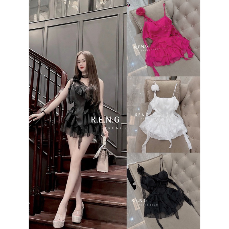 Đầm hai dây tơ  bèo kèm hoa đi chơi