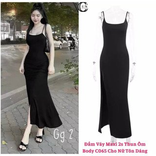 Đầm 2 dây gân màu đen đuôi cá trơn xẻ tà dáng dài maxi cực tôn dáng , chất thun gân dày dặn
