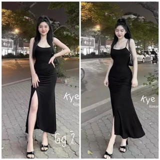 Đầm 2 dây trơn dưới đuôi cá xẻ tà bên dáng dài maxi cực hot , chất thun gân mềm mịn co giãn