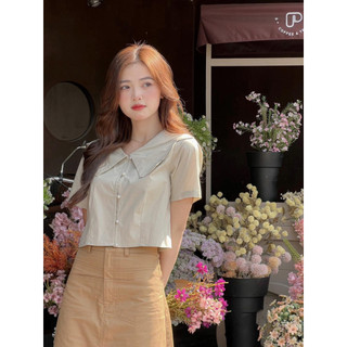 Áo croptop cổ bèo cúc ngọc, áo kiểu nữ dáng lửng