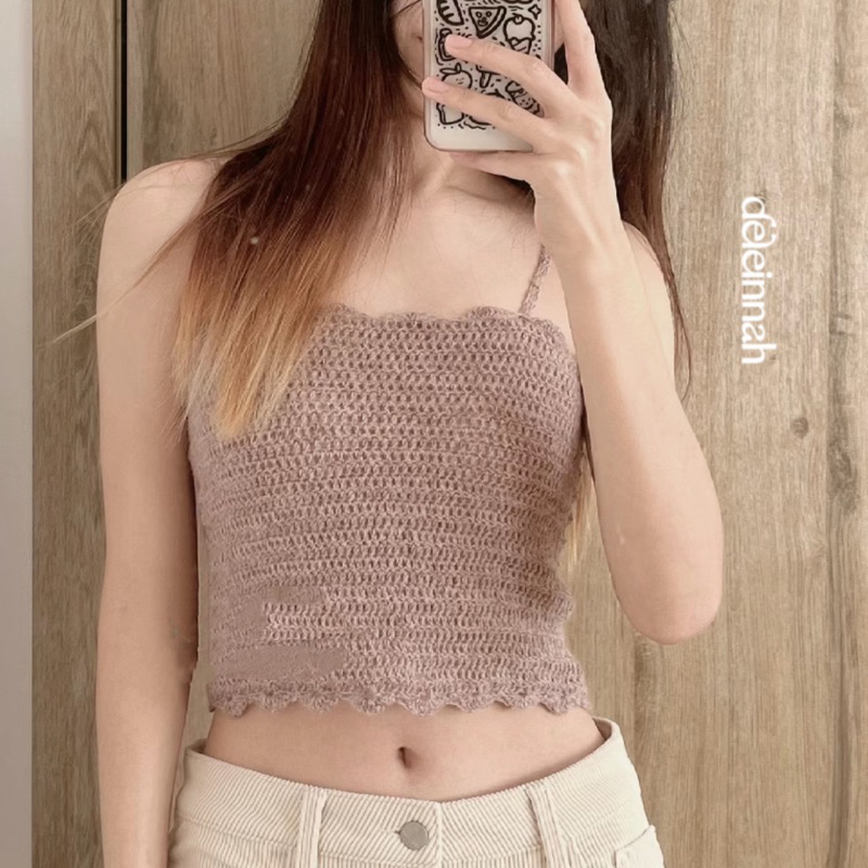 𝐁𝐑𝐎𝐖𝐍 𝐕𝐈𝐍𝐓𝐀𝐆𝐄 𝐂𝐑𝐎𝐂𝐇𝐄𝐓 𝐓𝐎𝐏 I Áo croptop len màu nâu vintage sexy