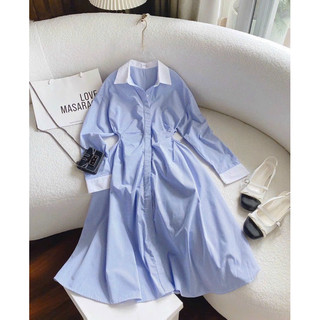 SP020176 ĐẦM MAXI SƠ MI KẺ VIỀN CỔ TRẮNG KHOÉT EO 💦