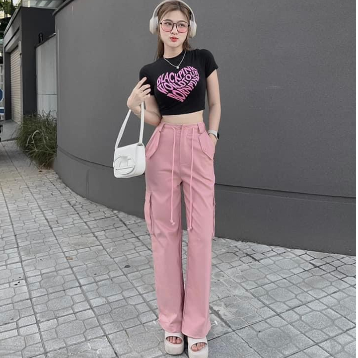 Quần Parachute Cargo màu hồng dây rút hồng 2023 𝘽𝙮𝙘𝙖𝙢, Áo croptop blackpink mic quần siêu đẹp tôn dáng QOX02