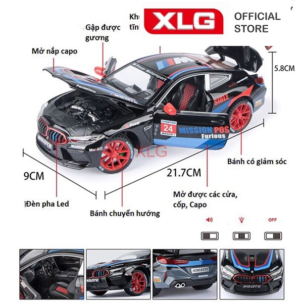 Mô hình xe BMW M8 GTE Sport 1:24 XLG bằng hợp kim có đèn âm thanh