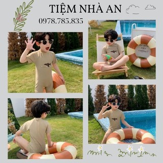 Đồ bơi bé trai , set đồ bơi cá mập nâu vàng cho bé trai kèm mũ tròn đội chất vải bơi co giãn thoải mái cho bé