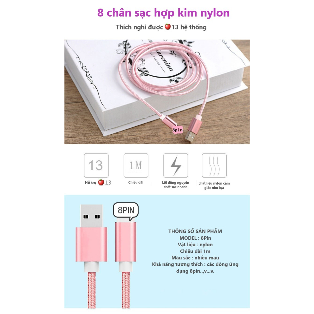 Cáp Sạc Dây Dài 1m 2m Cho Ip Chất Dù Dày Dặn Siêu Bền Chống Nóng Máy Khi Sạc