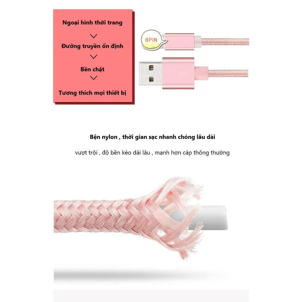 Cáp Sạc Dây Dài 1m 2m Cho Ip Chất Dù Dày Dặn Siêu Bền Chống Nóng Máy Khi Sạc