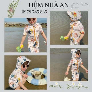 Đồ bơi bé trai , set đồ bơi kèm mũ hoạ tiết gấu pooh đáng yêu cho bé trai và bé gái chất vải bơi co giãn thoải mái