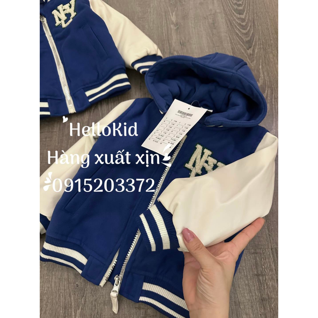 Áo khoác xanh NYC tay pha da dáng bomber cho bé