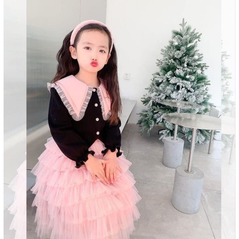 Set  váy tầng áo phối màu tiểu thư xinh xắn bé gái