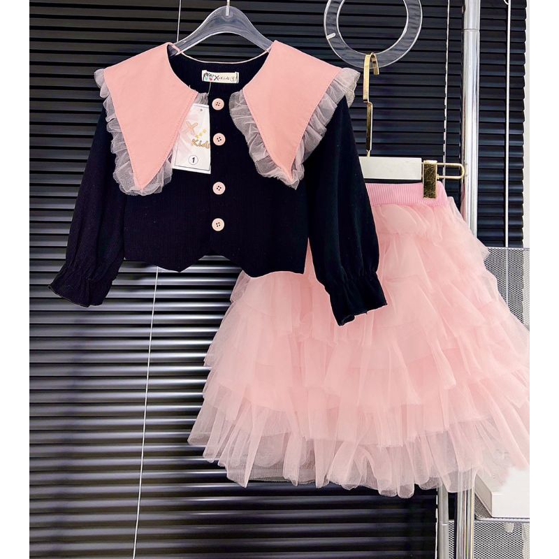 Set  váy tầng áo phối màu tiểu thư xinh xắn bé gái
