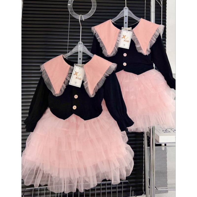 Set  váy tầng áo phối màu tiểu thư xinh xắn bé gái