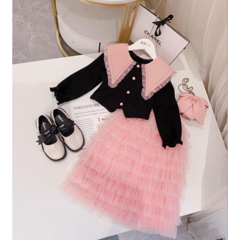 Set  váy tầng áo phối màu tiểu thư xinh xắn bé gái