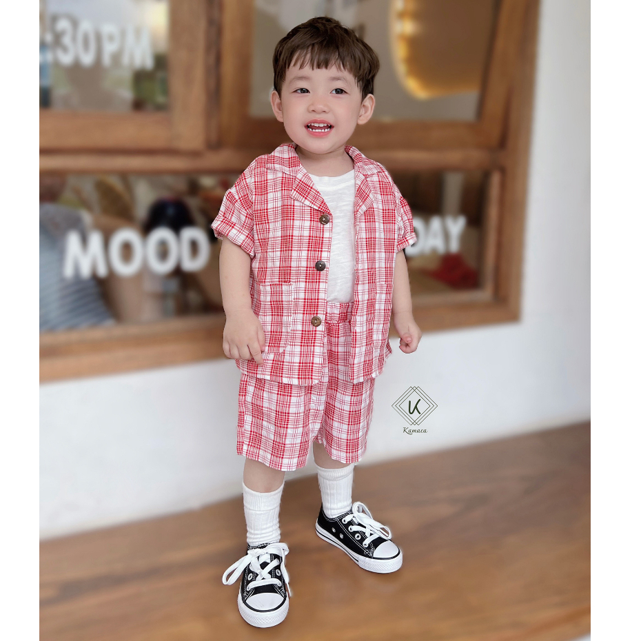 Bộ bé trai phong cách Hàn Quốc, Vest Blazer kẻ đỏ cá tính KAMACA, chất liệu thô kẻ cao cấp