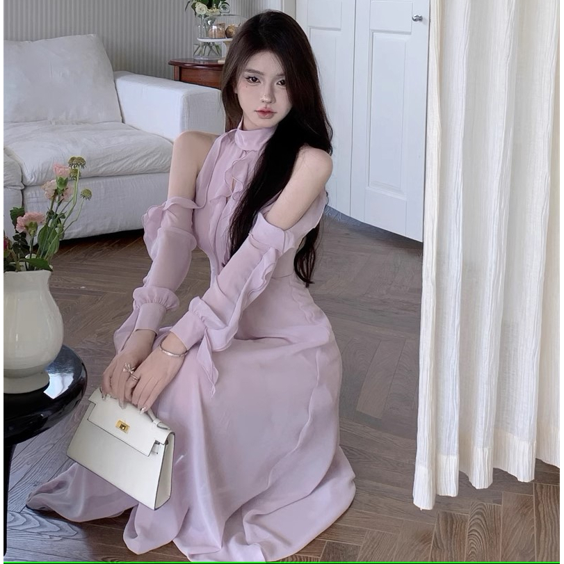 Đầm/Váy Dự Tiệc Khoét Vai Cổ Cao Dáng Dài Phối Bèo Tiểu Thư Sang Chảnh - Sốp Nhỏ Order Taobao