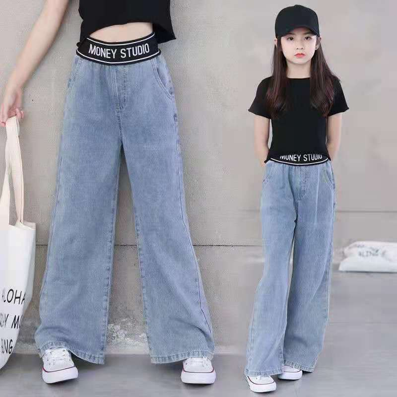 Quần áo trẻ em, Quần bò cho bé gái thiết kế cạp viền chữ dáng suông size đại 14-45kg