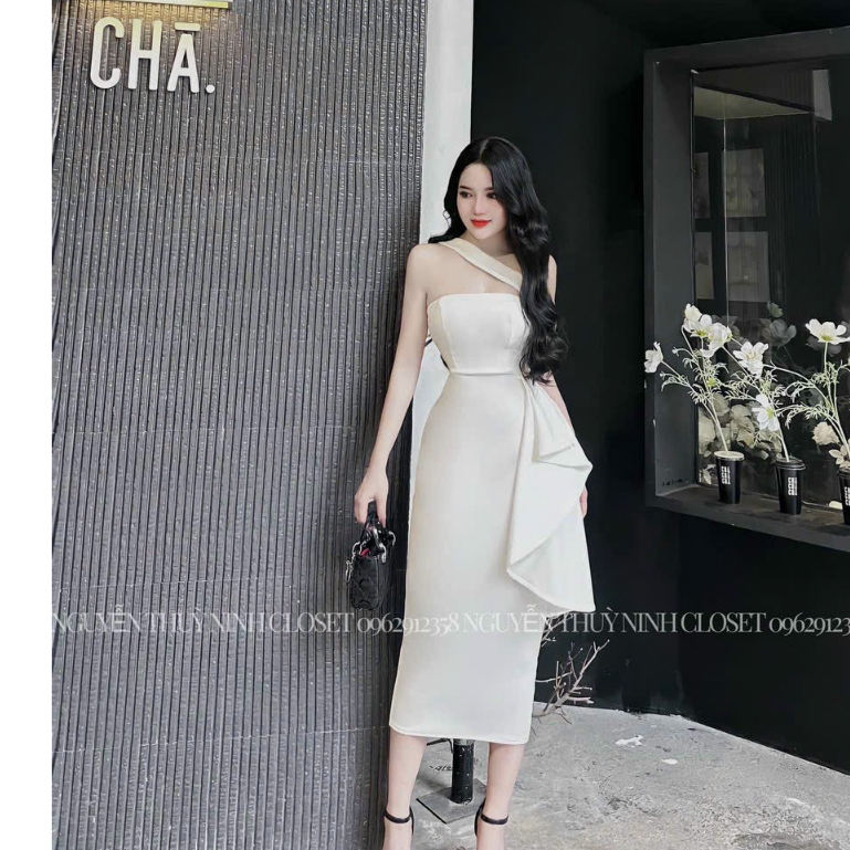 Đầm đi đám cưới ôm body phối tà eo thời trang nữ dự tiệc chất liệu umi có mút cúp ngực chạy dây cổ dáng váng ôm maxi