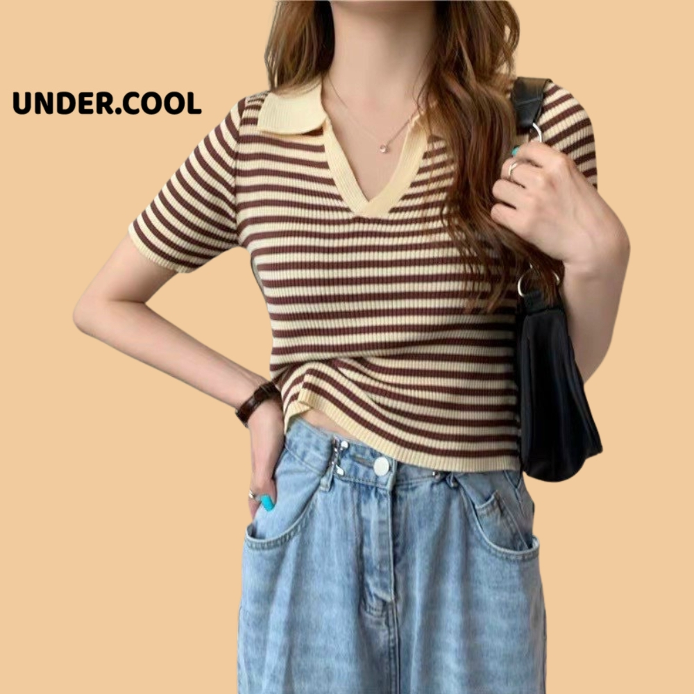 Áo Croptop Len Montoghi Kẻ Ngang Cổ polo UNDERCOOL tay họa tiết kẻ sọc phong cách Hàn Quốc