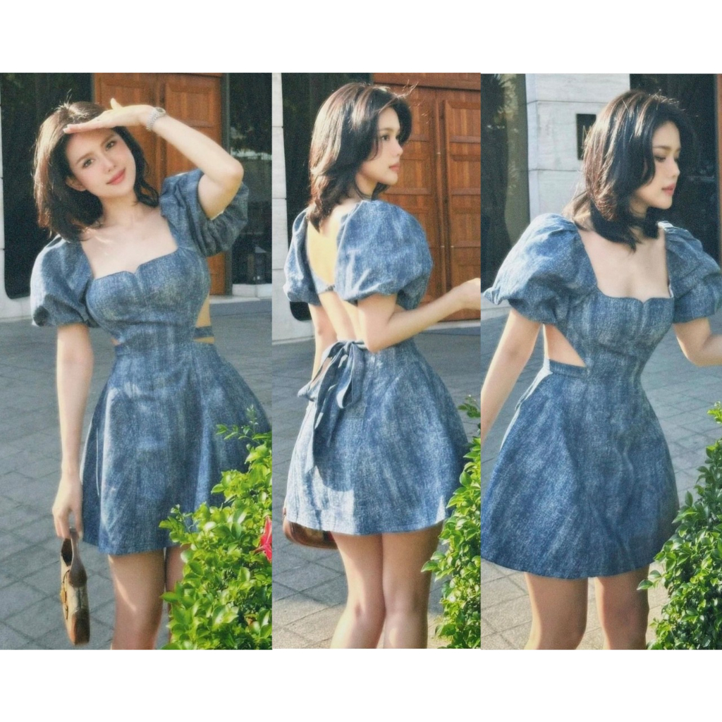 Đầm Jean Cổ Vuông Khoét Eo