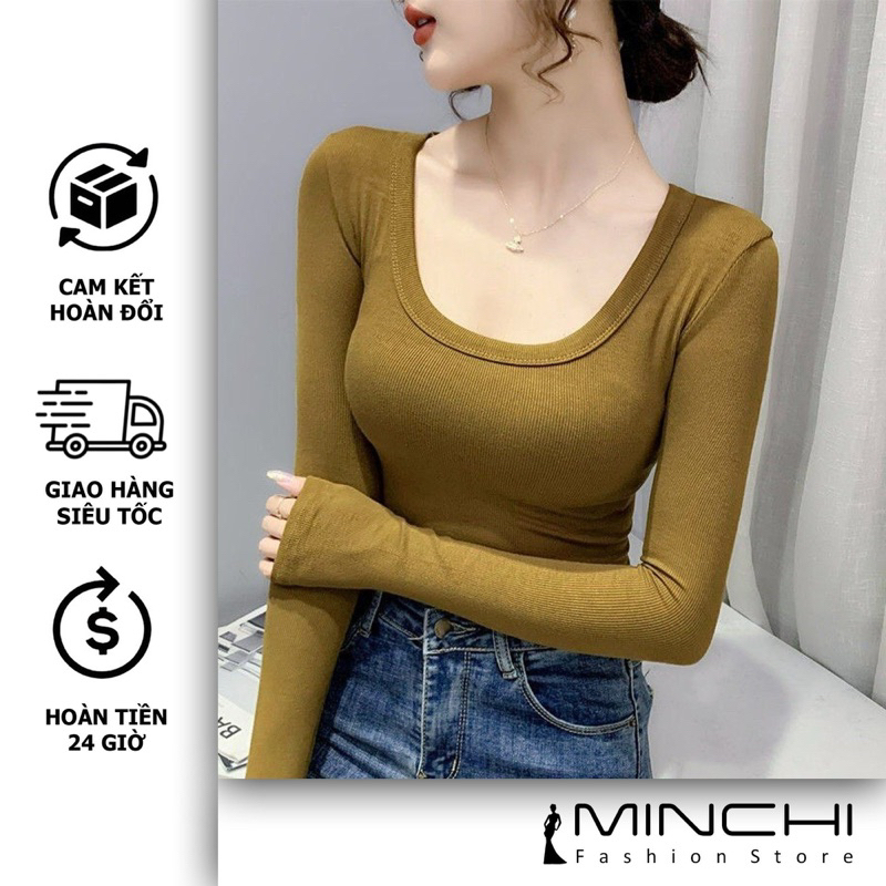Áo thun nữ cổ U dài tay MINCHI chất thun tăm dẻo co giãn 4 chiều, màu tươi mới