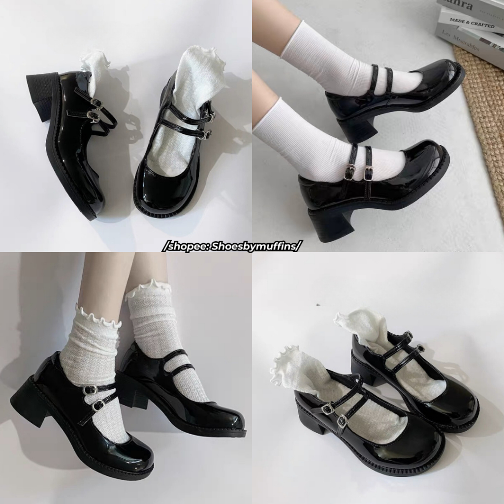 Giày cao gót nữ mũi tròn họa tiết 2 dây quai ngang phong cách MARY JANE