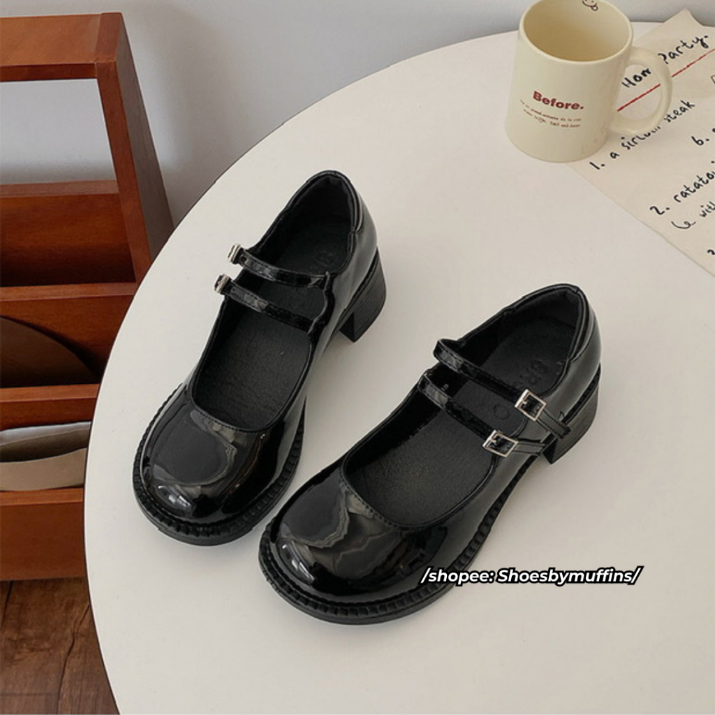Giày cao gót nữ mũi tròn họa tiết 2 dây quai ngang phong cách MARY JANE