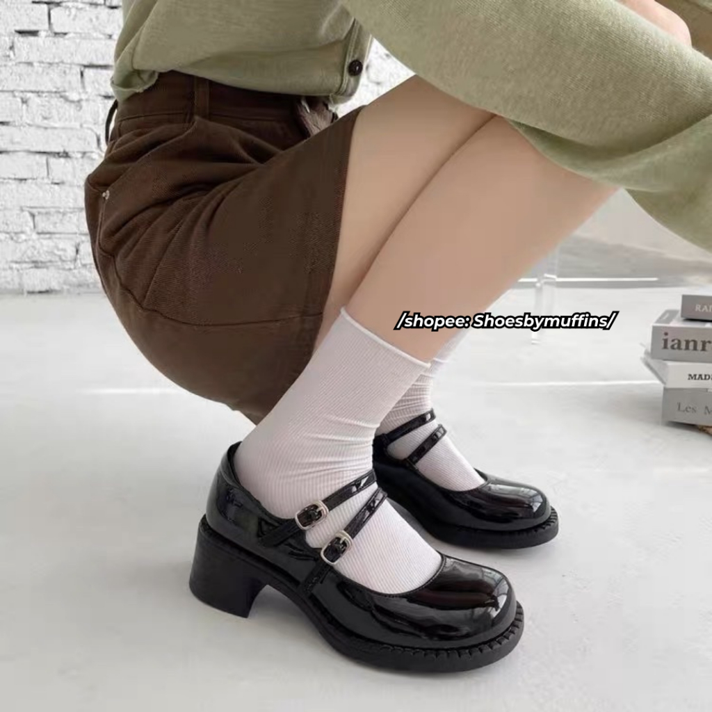 Giày cao gót nữ mũi tròn họa tiết 2 dây quai ngang phong cách MARY JANE