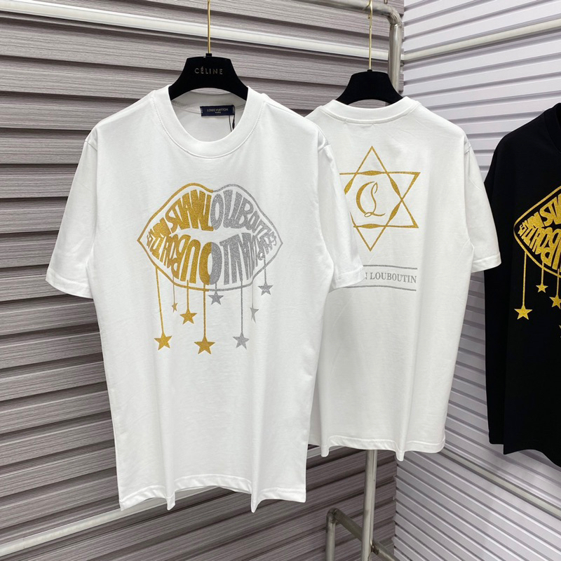 Áo Phông Nam Nữ In Chữ Louboutin Môi Sao Kim Tuyến Nhũ Bạc Vàng Hai Mặt - Áo Cộc Tay Siêu Cấp Dafnh Cho Các Boy Phố