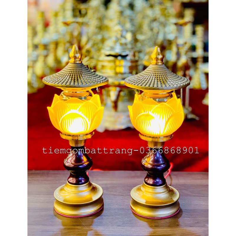 Đôi đèn thờ hoa sen lưu ly mái đình 22cm cao cấp